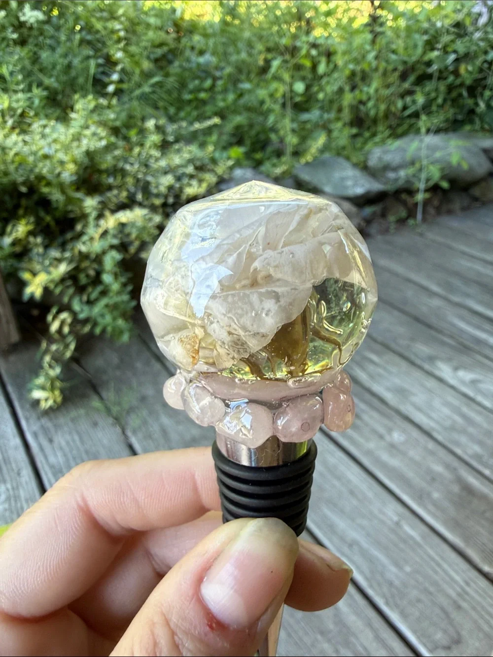 Resin rose bloom Wine Bottle Stoppers with Rose Quartz Accent